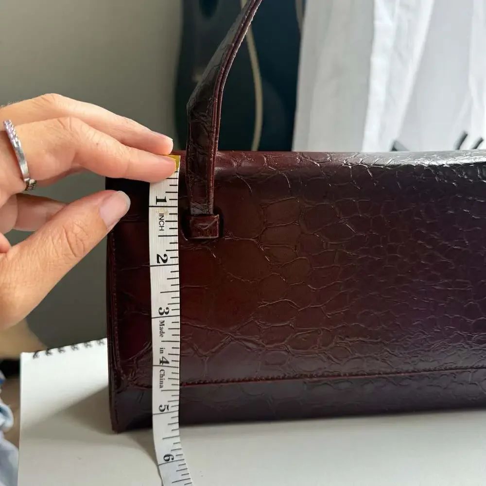 Vintage Mid-Century Style Burgundy Crocodile-Embossed Structured Box Handbag